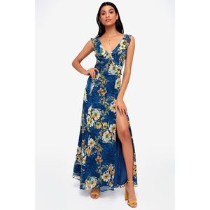 NAVY BLUE FLORAL PRINT RUFFLED MAXI DRESS
